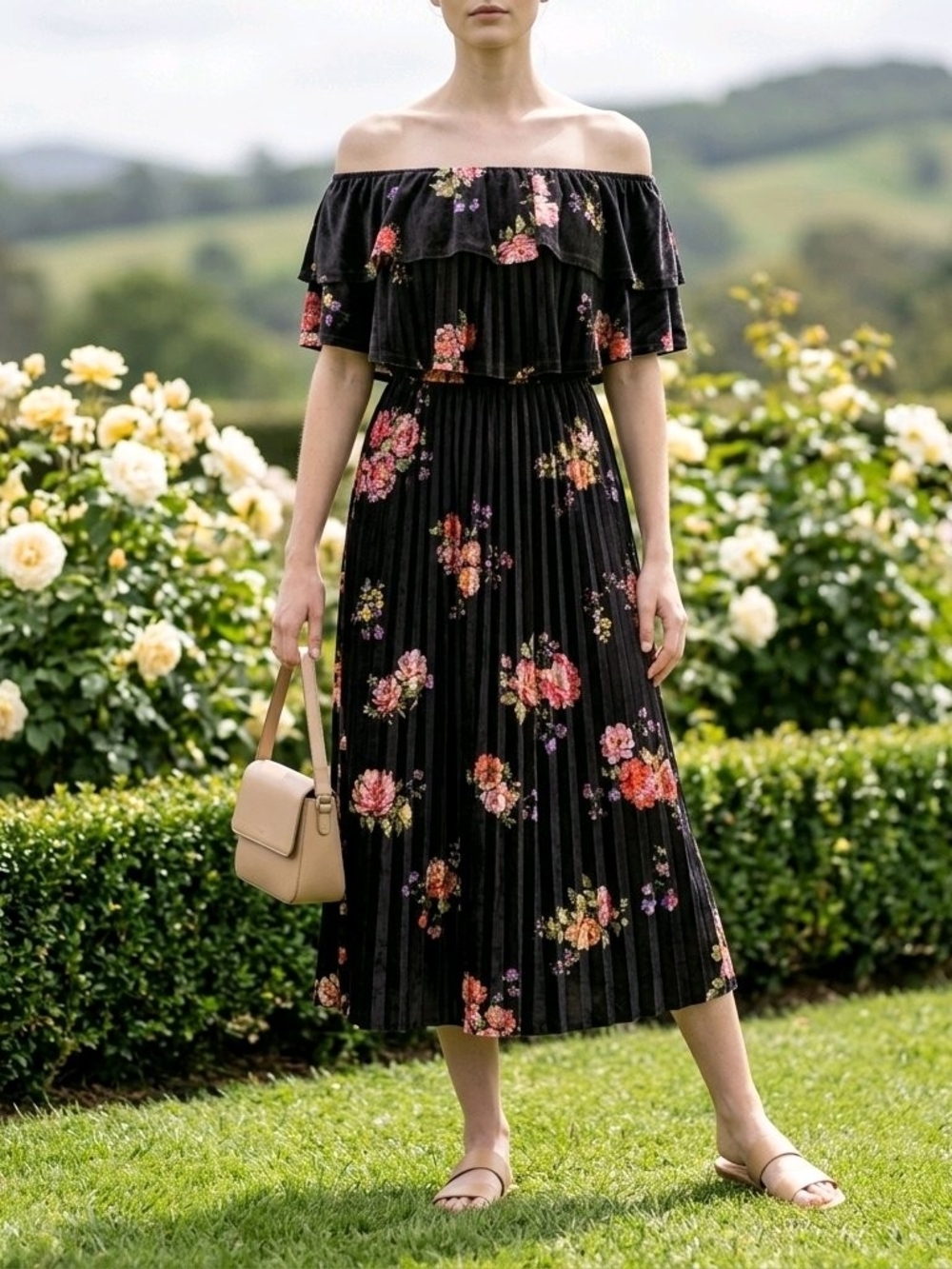 ASOS Black Off Shoulder Floral Pleated Midi Dress
